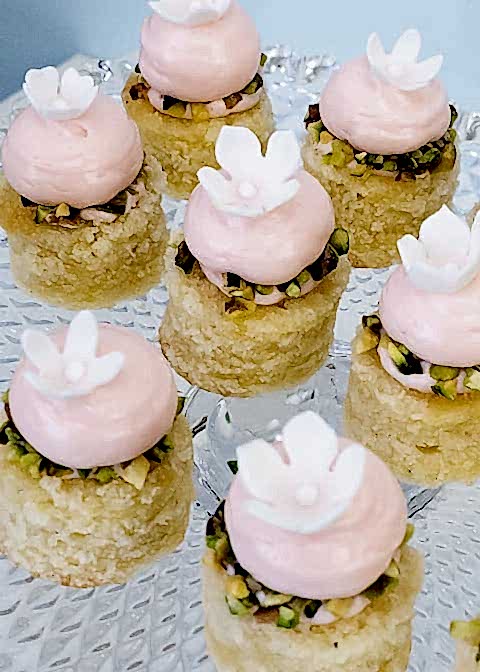 rose cardamom and pistachio cake canapés