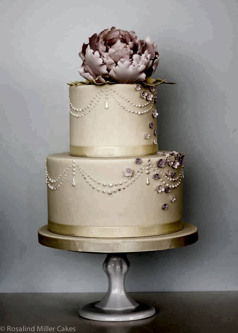 Peonies, Pearls and Drapes Wedding Cake in Pale Yellow and Pink