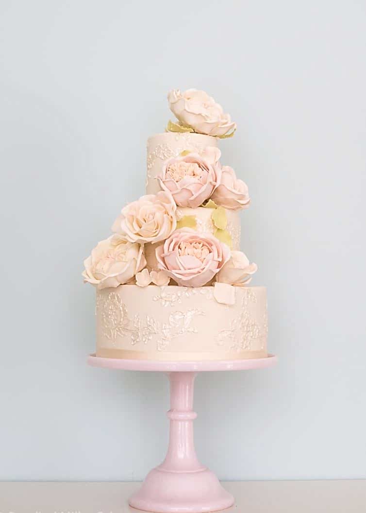 Blush Roses and Piped Embroidery Wedding Cake