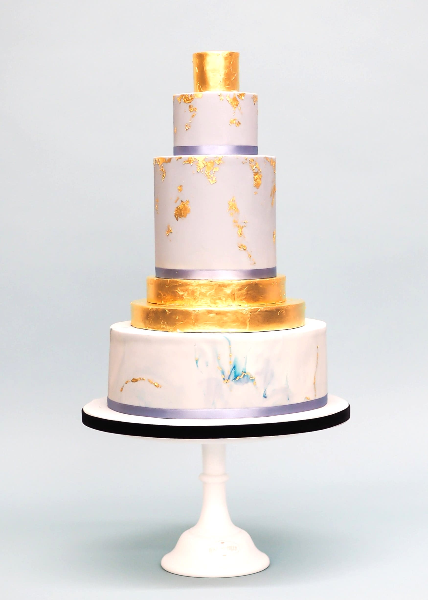 Blue and Gold Marbled with Gold Leaf Wedding Cake