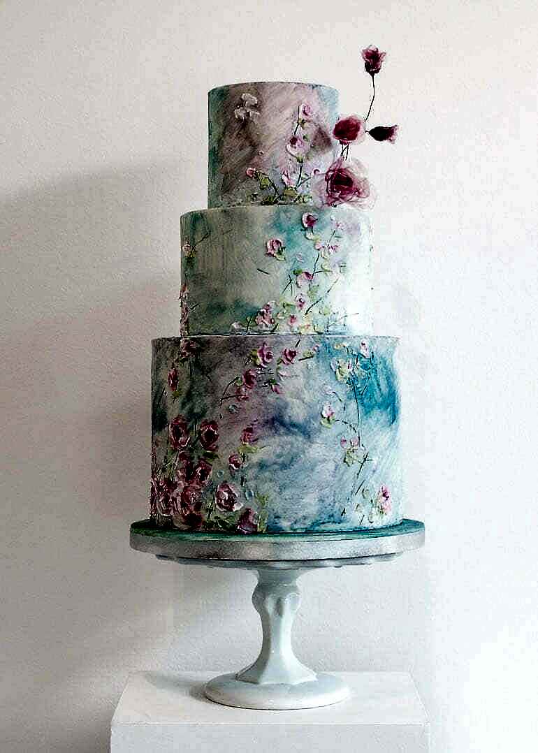 Windswept Blossoms Wedding Cake with Painted Flowers